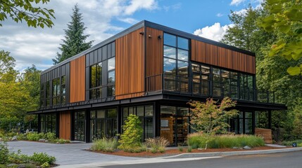 Modern wood and metal commercial building with landscaping.