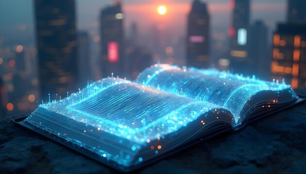 The book’s pages are as transparent as crystal, embellished with glowing circuits and algorithms that give off an ethereal glow. This aesthetic evokes a sense of avant-garde, techno-spiritedness