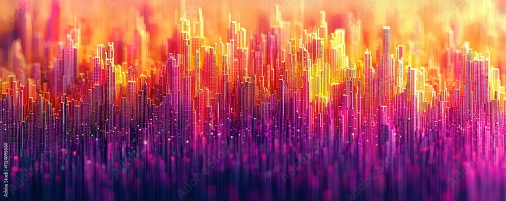 Poster abstract cityscape view featuring vibrant colors blending with dynamic patterns and lights, creating