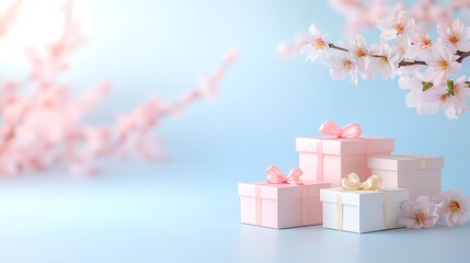 Decorative photography gift boxes surrounded by blossoms in a spring celebration