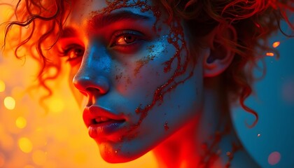 Close-up of a red and blue abstract face with distorted, swirling features and colorful splattered paint