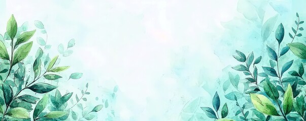 Beautiful watercolor artistic background featuring lush green leaves and gentle blue tones, perfect for nature-themed designs and creative projects