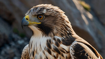 Naklejka premium mountain hawk (Nisaetus nipalensis) perched on a rocky outcrop, with striking, well-groomed feathers. The hawk's head is adorned with a glorious, sleek crest of feathers