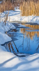 Winter landscape with frozen pond and golden reeds