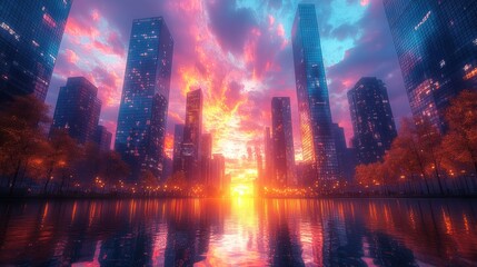 Obraz premium Vibrant sunset over a futuristic city skyline reflected in water.