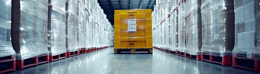 Naklejka premium Warehouse Interior with Stacked Pallets and a Forklift Truck on an Aisle, Industrial Storage Facility, Organized Logistics Area with Cargo