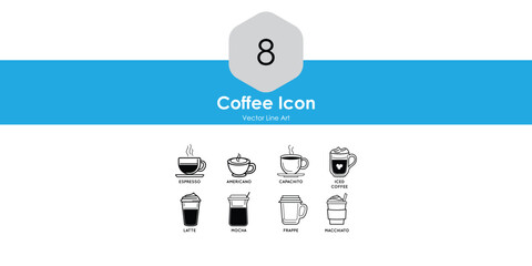 Coffee cup bundle coffee cup icon, Set of 8 coffee icons as coffee, espresso, hot coffee , cold coffee cup Icon Pack