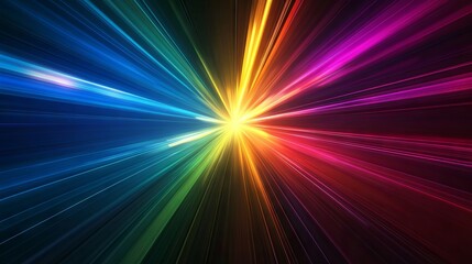 Obraz premium Abstract dark background featuring radiating multicolored light beams forming dynamic stripes as they emanate from a central point