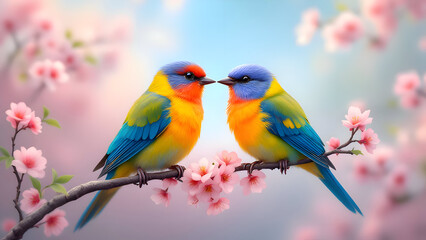 Fototapeta premium Colorful Lovebirds on a Blossoming Branch with Pastel Sky