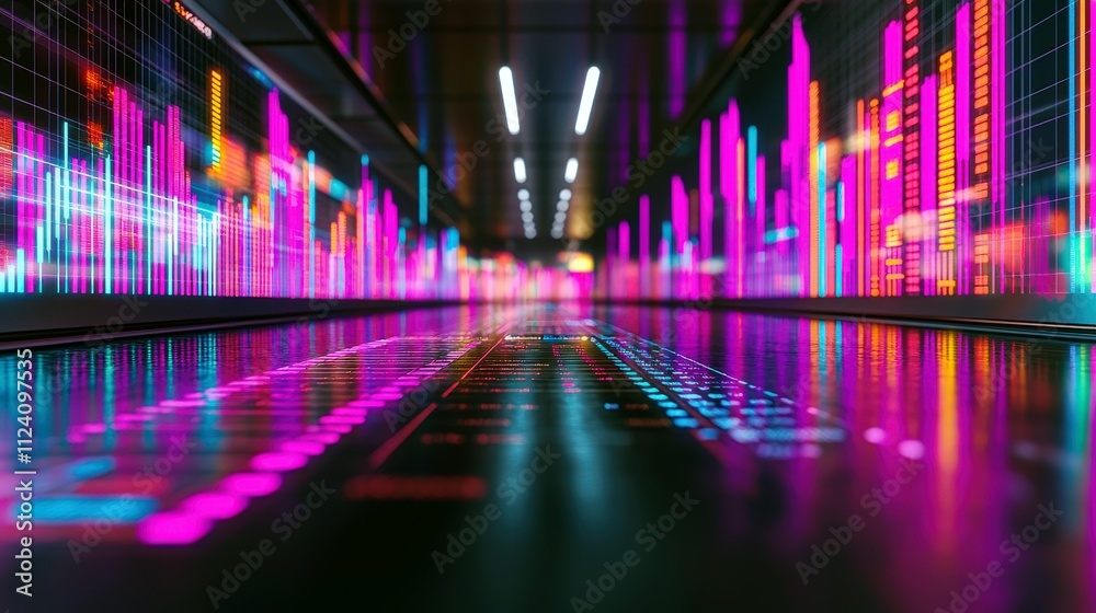 Poster colorful data visualization with neon lights creating a futuristic data environment in a modern digi