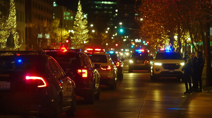 Naklejka premium Police cars with flashing lights on a busy city street, symbolizing the importance of law enforcement and public safety in maintaining order and protecting citizens