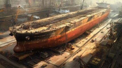 Large rusty tanker ship in dry dock for repairs.