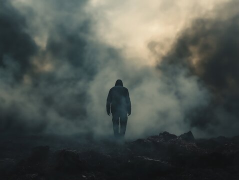 Lone Figure in a Foggy, Dark, and Mysterious Landscape