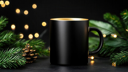 Obraz premium A sleek black mug with a gold interior sits among festive greenery and soft lights, evoking a warm, cozy ambiance.
