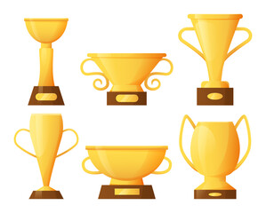 Golden cup. Winner prize golden isolated elements different forms. Sport competition winner gift, business success symbol. Goal achievement. Luxury product. Vector cartoon solated illustration