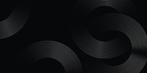 Abstract elegant black background with shiny gold geometric lines. Modern golden diagonal rounded lines pattern. Luxury style. Horizontal banner template.