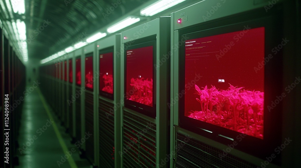Poster futuristic data center with bright red displays and rows of server racks in a dimly lit environment,