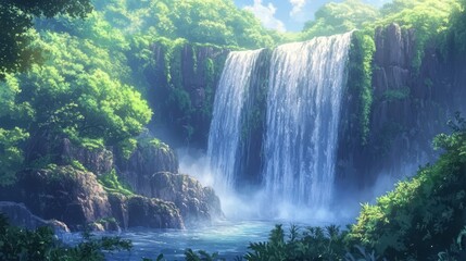 Naklejka premium Lush green foliage surrounds a majestic waterfall cascading into a tranquil pool.