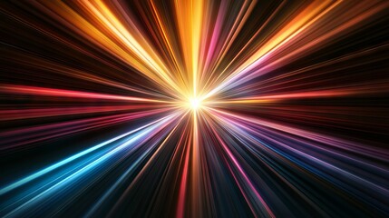 Obraz premium Abstract dark background featuring radiating multicolored light beams forming dynamic stripes as they emanate from a central point