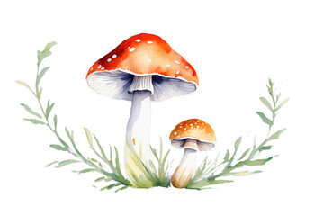 mushroom watercolor isolated. Watercolor botanical illustration. Hand-drawn forest mushroom, Generative AI