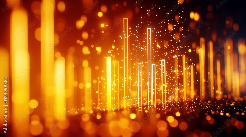 Poster abstract glowing bars with shimmering particles in a vibrant orange and gold color scheme creating a