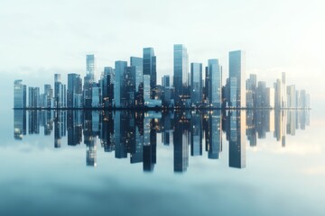 A vast urban skyline reflecting on serene waters, representing a futuristic cityscape with sleek skyscrapers, emphasizing harmony between modern architecture and nature.