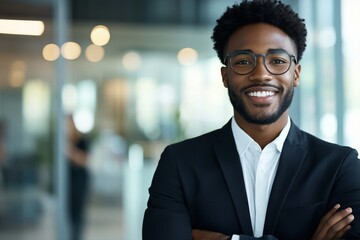 A young professional male in a suit smiles with confidence while posing indoors in a modern office setting, symbolizing success, positivity, and human connection.