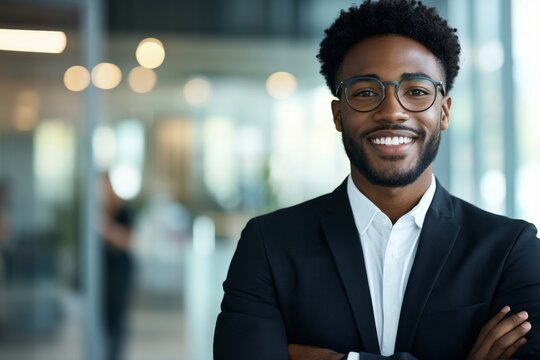 A young professional male in a suit smiles with confidence while posing indoors in a modern office setting, symbolizing success, positivity, and human connection.
