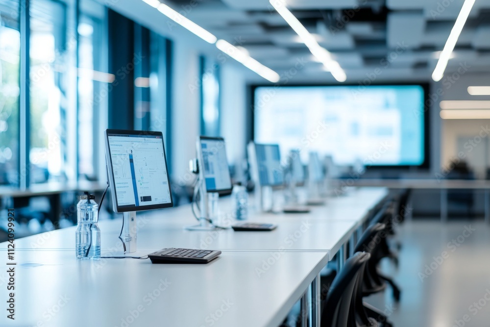 Poster image depicts a contemporary open office space featuring rows of computers with water bottles in a b