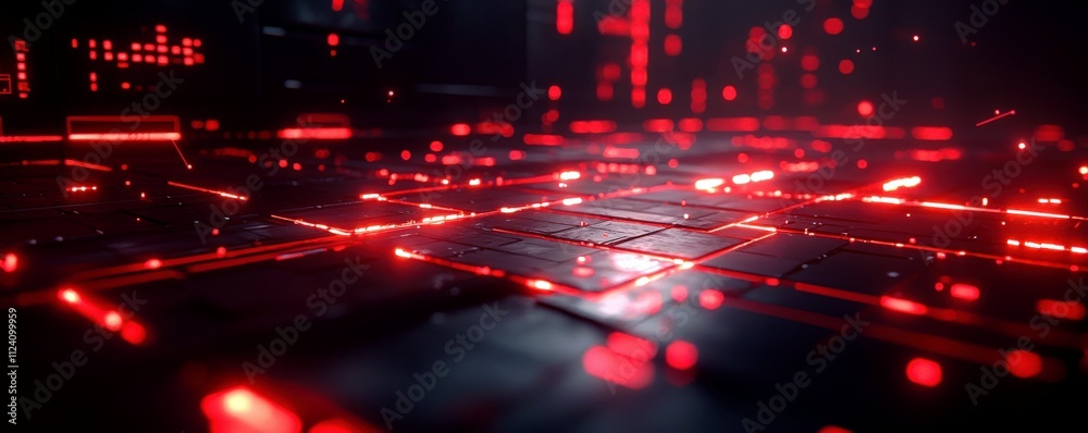 Poster abstract futuristic digital background with glowing red lines and cube structures, creating a high-t