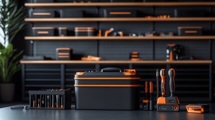 Professional Tool Setup in Modern Workspace Featuring Toolbox, Power Tools, and Accessories for DIY and Repair Work