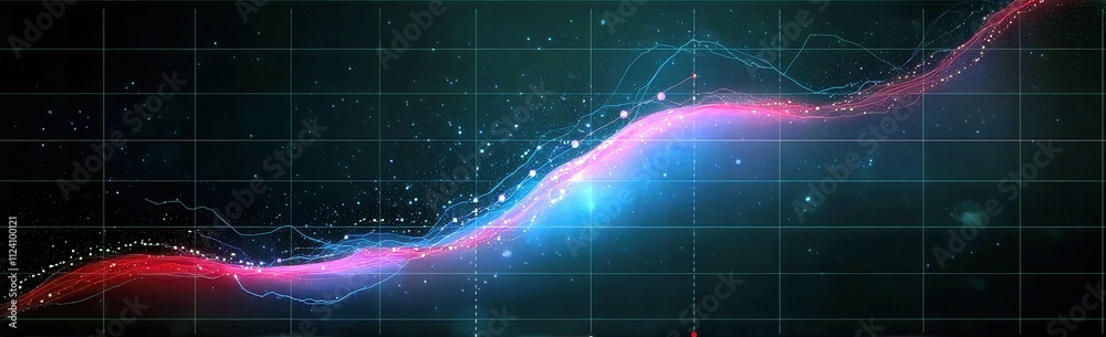 Poster abstract data visualization with colorful lines and bright sparks on a dark background