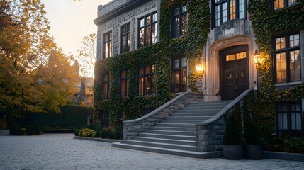 Fototapeta premium Majestic Heritage Building Exterior Featuring Elegant Architecture, Lush Greenery, and Warm Lighting in a Serene Environment Perfect for Stock Photography Use
