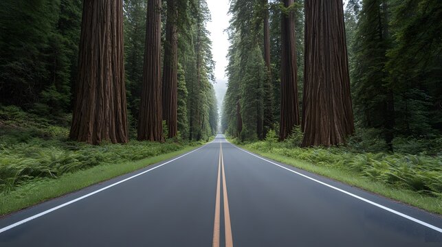 Expansive Road Framed by Majestic Giant Redwood Trees in Lush Green Forest Setting Overcast Sky Enhancing the Natural Beauty of the Landscape