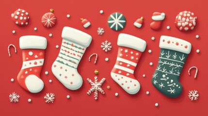 Cheerful Cartoon Style Christmas Stockings and Ornaments Against a Vibrant Red Background