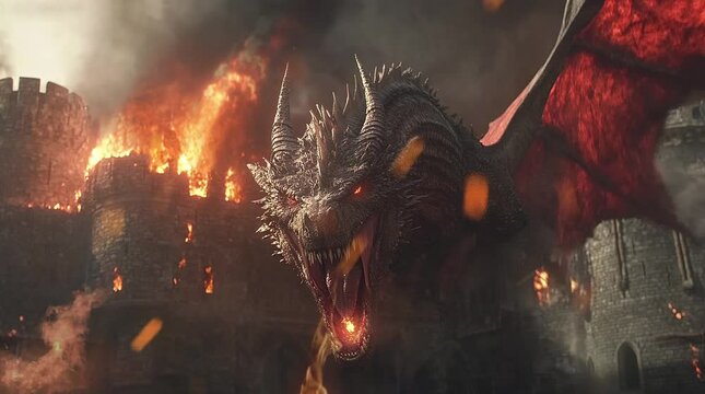 Fearsome dragon attacking a medieval castle engulfed in flames under a dark and stormy night sky  
Seamless looping 4k time-lapse virtual video animation Generated AI