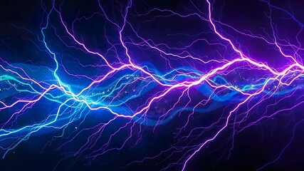 Blue lightning bolt striking in the dark night sky during a powerful thunderstorm