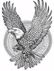 Naklejka premium Majestic Bald Eagle with Ornate Mandala Design - Black and White Illustration