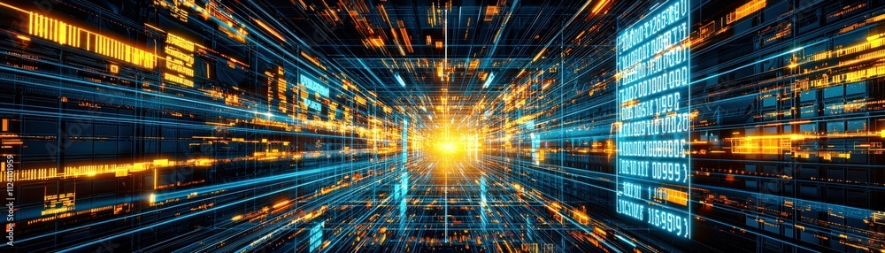 Poster dynamic visualization of futuristic technology with light trails representing data transmission in a