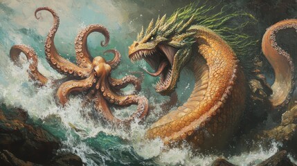 Sea Serpent battles Giant Octopus in stormy ocean.