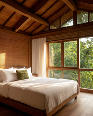 Cozy bedroom with wooden accents and large windows showcasing nature.
