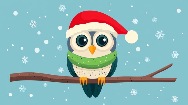 cute cartoon illustration flat design owl wearing a Santa hat and scarf