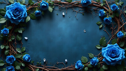 Dark blue surface wall made of concrete and gran Intricate creative floral frame with blue roses