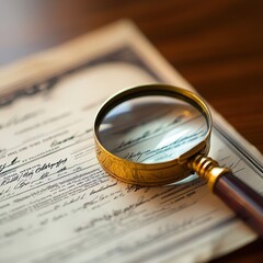 Close-up View of Vintage Document with Magnifying Glass on Wooden Desk, Highlighting Fine Details of Text and Signatures, Ideal for Historical or Research Themes