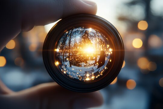 A close-up view through a camera lens capturing sparkling sunlight and bokeh effects, showcasing a blend of focus, creativity, and vibrant photographic elements.