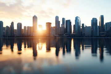 Fototapeta premium Stunning city skyline at sunrise, beautifully reflected in still waters, representing a peaceful yet bustling urban life as the day begins afresh.