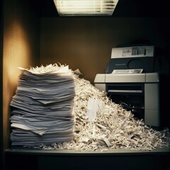 Disorganized Office Space Featuring Piles of Shredded Paper and Stacks of Documents Next to a Multifunction Printer in Low Light Conditions