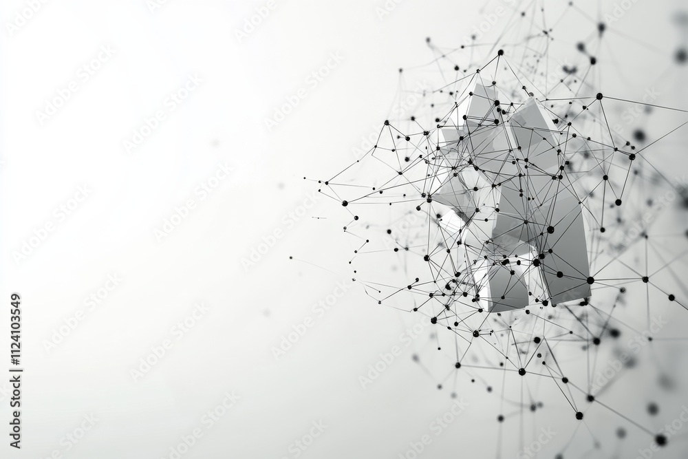 Poster an intricate web of interconnected nodes forming a complex 3d structure against a light background. 