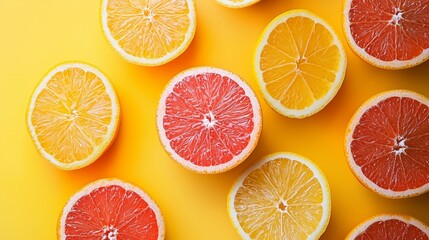 Fototapeta premium Sliced citrus fruits on a vibrant yellow background