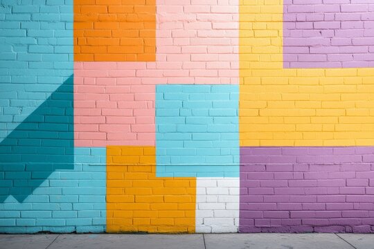 A vibrant mural featuring colorful geometric shapes on a brick wall evokes creativity and artistic expression while adding lively energy to an urban landscape.